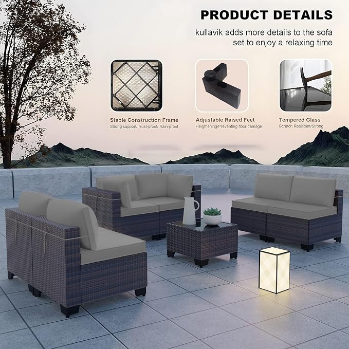 Kullavik 10PCS Outdoor Patio Furniture Set,PE Wicker Rattan Sectional Sofa Patio Conversation Sets with Tempered Glass Table,Swivel Rocking Chairs Set,Grey