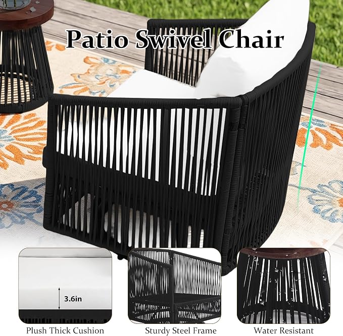 Outdoor Patio Furniture Set, 3 Pieces Outdoor Swivel Chairs with Coffee Table and Thick Cushion, Pe Wicker Rope Furniture Set for Entertaining, Balcony, Garden, Poolside, Black