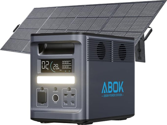 ABOK Ark2000 Portable Power Station with 2x Asp200 Solar Panels, 1536Wh LiFePO4 Solar Generator Kit, 2000W AC Output, Expandable to 4.6kWh, 1.3 Hr 0-100%, UPS, App for Emergency, RV, Off-Grid