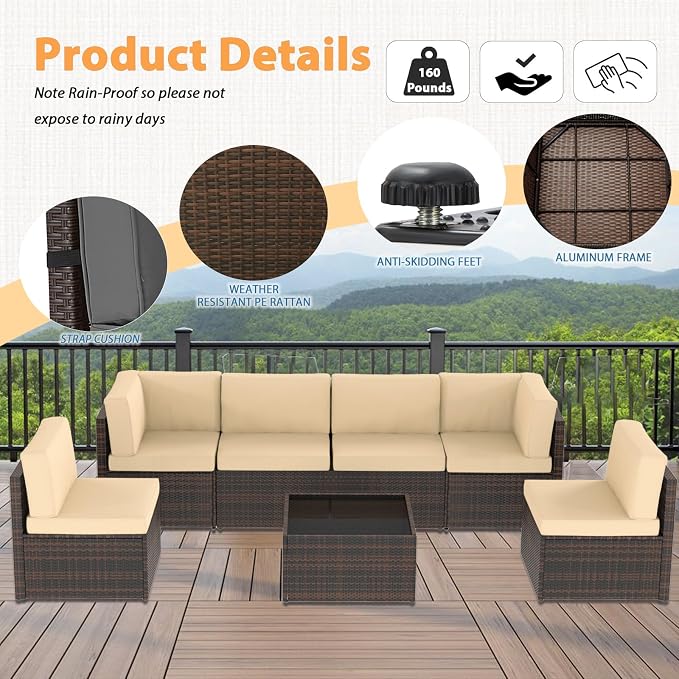 AECOJOY 7 Piece Outdoor Patio Furniture Set, Outdoor Sectional Conversation Furniture Chair with Coffee Table,Patio Sectional for Garden,Backyard(Khaki Cushions and Brown PE Rattan)