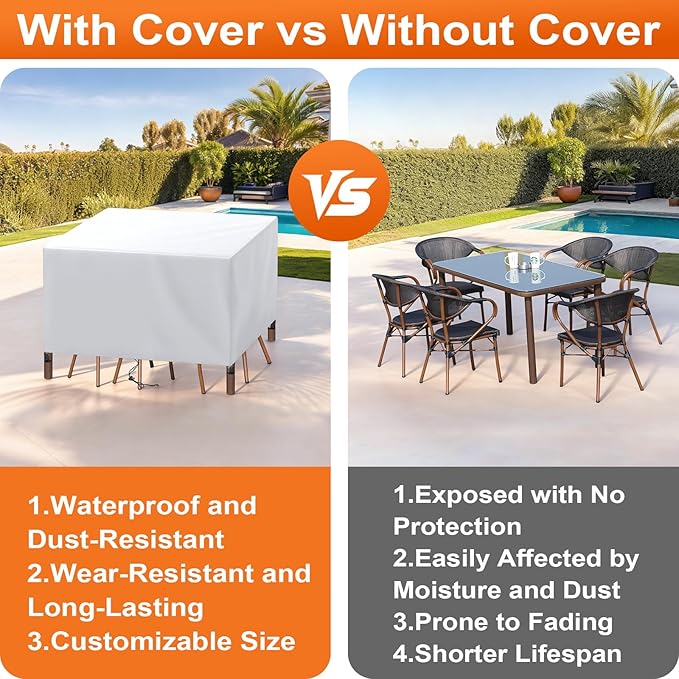 Patio Furniture Cover Rectangle 68"(L) x 56"(W) x 40"(H), Custom Heavy Duty 420D Waterproof Outdoor Cover with Drawstring & Buckles for Table Chair Garden, Silver