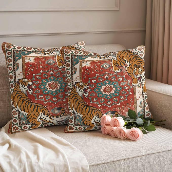 Tiger Print Outdoor Pillow Covers 24"x24" Set of 2, Boho Vintage Animal Orange Red Floral Geometric Waterproof Throw Pillow Covers for Patio Furniture, Decorative Cushion Covers for Porch