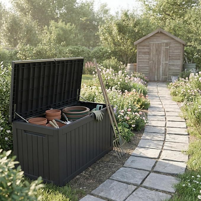 230 Gallon Outdoor Deck Boxes, IP68 Waterproof Outdoor Storage Box with Hydraulic Lid Support, Outside Resin Container for Furniture, Toy, Shoe, Garden & Patio Tools Storage -Black