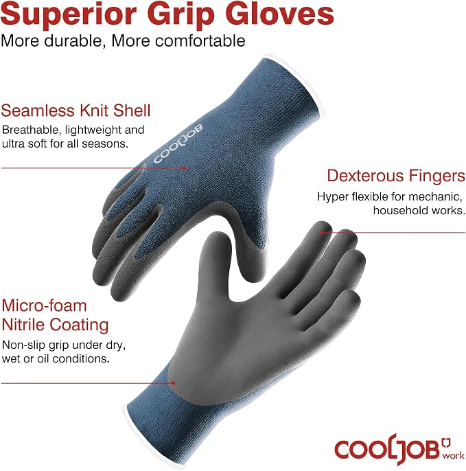 COOLJOB Micro-Foam Nitrile Safety Work Garden Gloves with Touchscreen Fingers, 6 Pairs Lightweight Working Gloves for Men’s Sweaty Hands, Non-slip Coated Grip Fits Most Tasks, Large, Blue & Black | Garden Gloves Bulk, Non Slip Palm Dipped Grip for Weed...