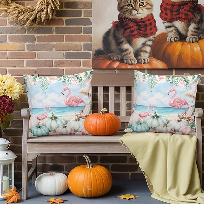 Coastal Fall Throw Pillow Covers 18x18 Inch Set of 2, Thanksgiving Waterproof Outdoor Pillow Covers, Flamingo Pumpkins Eucalyptus Decorative Cushion Pillowcases for Couch, Sofa, Bed, Garden, Patio