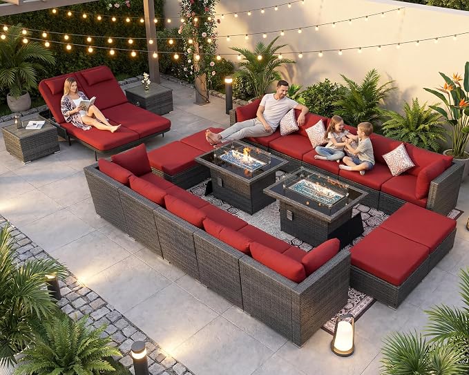 NICESOUL 20 Piece Outdoor Patio Furniture Set with Fire Pit and Chaise Lounge, 500 lbs High Weight Capacity Outdoor Sectional with Fire Pit, 16-Seat Deep Seating Sectional, Charcoal/Burgundy