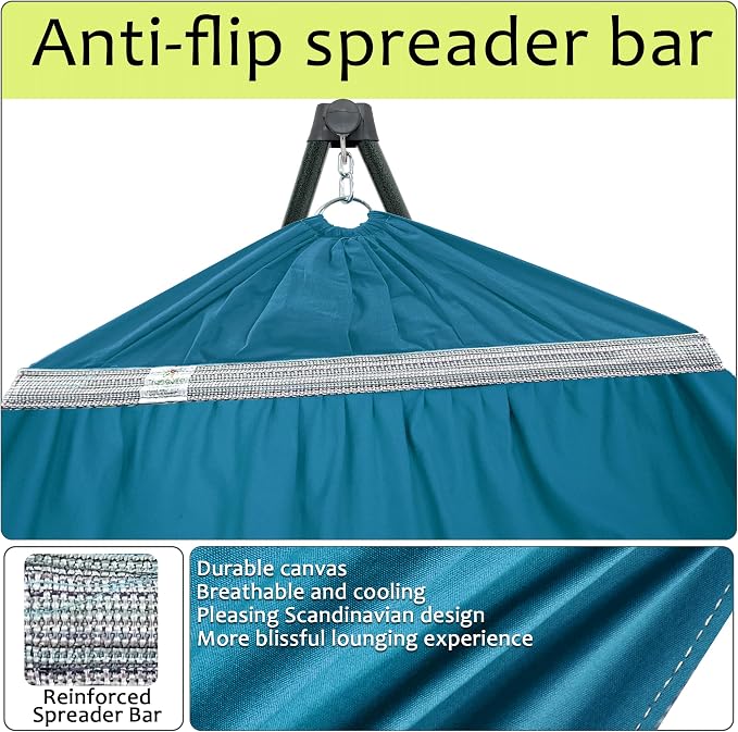 Tranquillo Ultimate Relaxation Portable Hammock Stand with Cotton Canvas Net, Spreader Bar, Quick Fold Unfold in 30 Seconds Steel Frame Hammock 600 lbs Capacity Outdoor, Blue