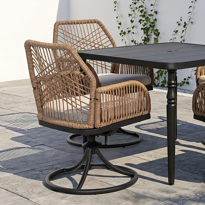 NUU GARDEN 5-Piece Patio Dining Set, Slatted Table with Umbrella Hole, 4 Swivel Chairs with Beige Cushions, Handwoven Double-Layer Twisted Rattan, Powder-Coated Metal Frame, Brown and Black