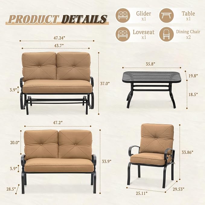 5 Pcs (6 Seats) Metal Outdoor Patio Furniture Conversation Sets, Glider, Loveseat and Coffee Table, 2 Single Chairs with Cushions (Brown)
