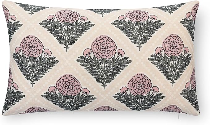 Crumbs Home Modern Farmhouse California Casual Indoor Outdoor Lumbar Pillow Cover, 12"x20" Water Repellent for Patio, Backyard, Couch, Earth Tone Dark Rose Tan Block Print Vintage Hydrangea Flowers