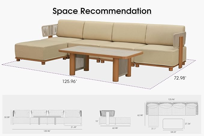 PURPLE LEAF Patio Furniture Set Modular L-Shaped Outdoor Sectional Sofa with 11" Thick Cushion 6-Piece Outdoor Conversation Set with Ottoman & Coffee Lights for Backyard Poolside Table Included, Beige