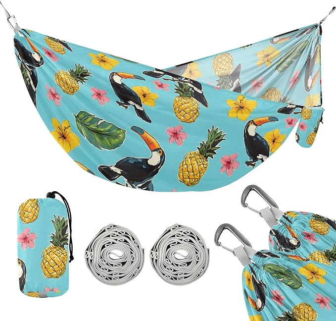 Camping Hammock Outdoor Hammocks for Outside Toucan Hibiscus Flower Beach Trees Portable Lightweight with Pockets Tree Straps Indoor Small