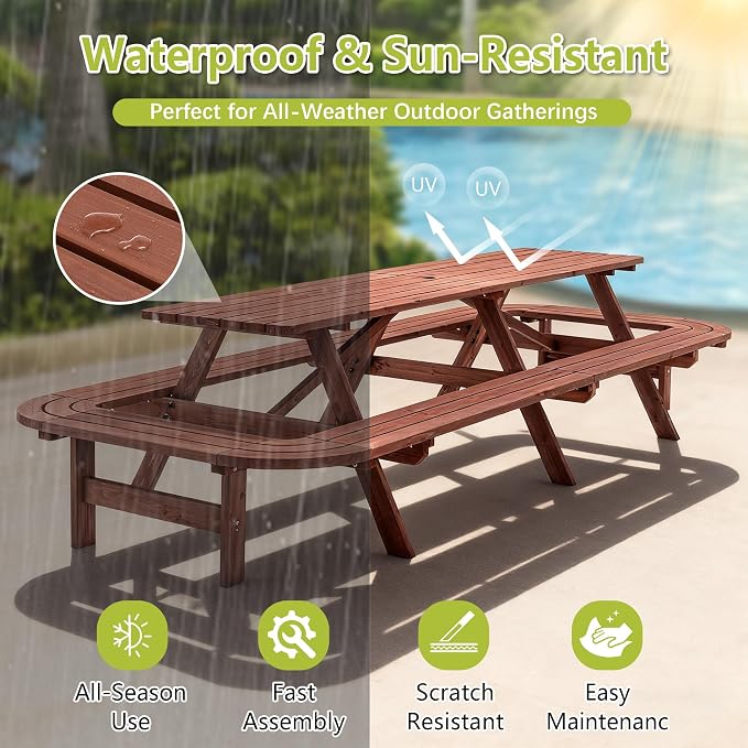 121'' Large Outdoor Dining Table, Rectangular Wooden Patio Dining Table & 2 Built-in Bench for 16, 2" Umbrella Hole, Suitable for Backyard Garden Porch, Brown