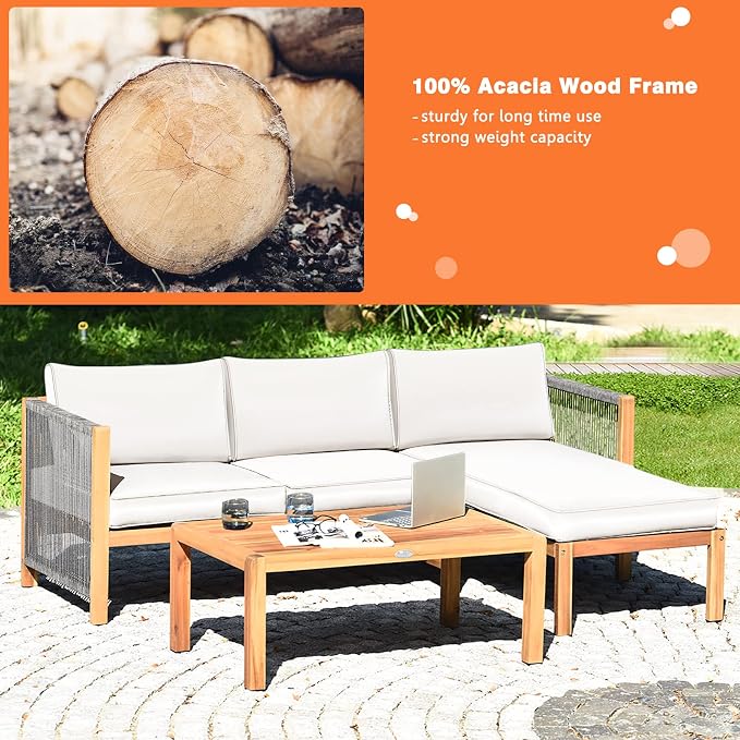 Tangkula L Shape Outdoor Furniture Set, 3 Piece Acacia Wood Patio Conversation Set, with 2 loveseats and Coffee Table, Garden Backyard Poolside Patio Seating Set (White)