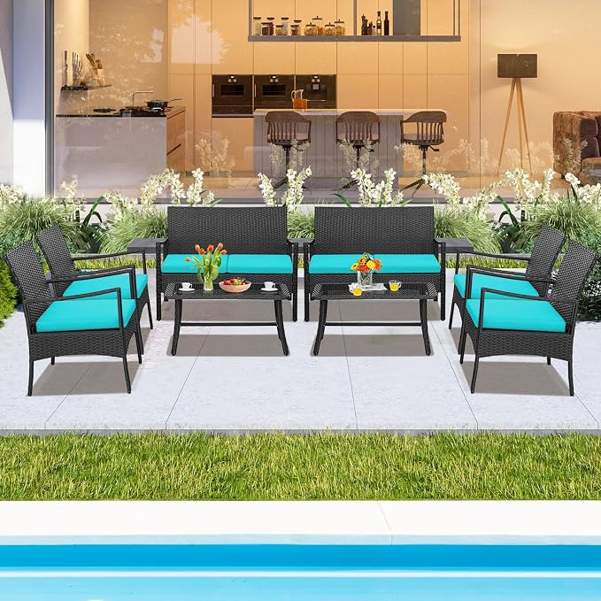 Tangkula 8 Pieces Rattan Conversation Set, Patio Sofa Couch Set with Tempered Glass Coffee Table, Seat Cushions, Outdoor Wicker Loveseat Set for Poolside, Courtyard, Balcony (2, Turquoise)