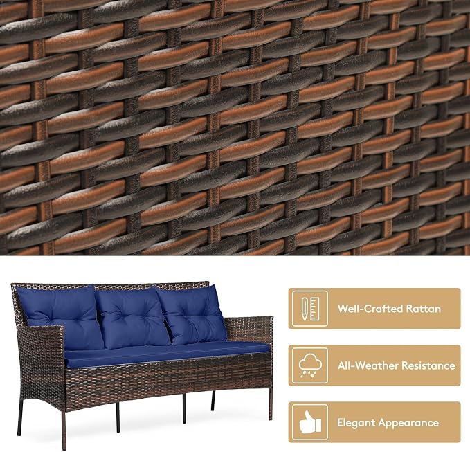 HAPPYGRILL 3 Piece Outdoor Rattan Conversation Set Patio Furniture Set with Tempered Glass Coffee Table, 5 Elastic Seat & Back Cushions, Sectional Sofa Set for Poolside Balcony Backyard