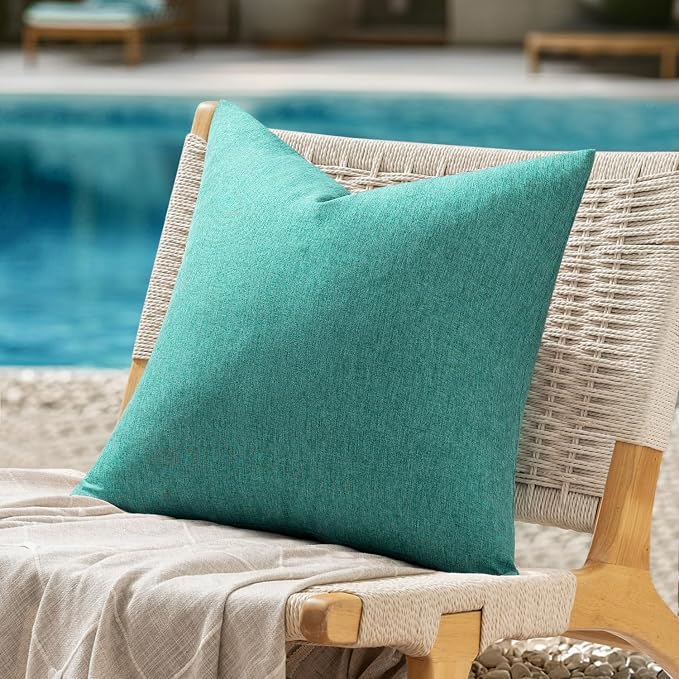 ANRODUO Pack of 2 Turquoise Outdoor Pillow Covers for Patio Furniture Decorative Farmhouse Linen Cushion Sham Outdoor Waterproof Outside Square Pillowcase for Garden Balcony Outdoor Decor 20x20 Inch