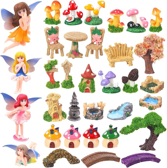 32 Pcs Fairy Garden Accessories Mini Fairy Figures | Miniature Table and Chairs Bridge Mushroom Lighthouse Water Well Pond Landscape OrnamentKit for DIY Garden Potted Desk Decor