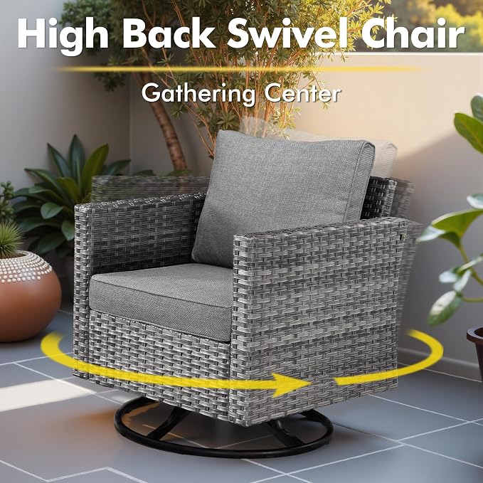 CAODOC 11 Piece Outdoor Patio Furniture Set with 53" Fire Pit Table, Wicker Sectional Conversation Set Whit Swivel Chairs,Modern Outside Sofa for Balcony Backyard(Dark Gray)