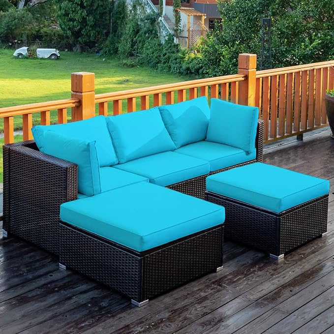 COSTWAY 5-Piece Outdoor Patio Furniture Set, PE Rattan Sectional Conversation Set with Cushions and 2 Ottomans for Garden, Deck, Backyard (Turquoise)