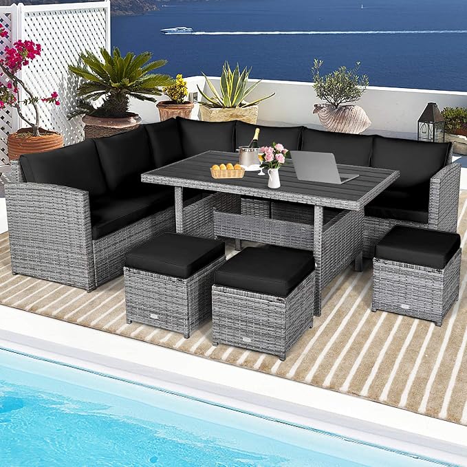 HAPPYGRILL 7 Pieces Rattan Wicker Patio Conversation Set, Outdoor Patio Furniture Set with Cushions, Rattan Sofa Set with Dining Table & Ottomans for Poolside Backyard Balcony Garden (Black)