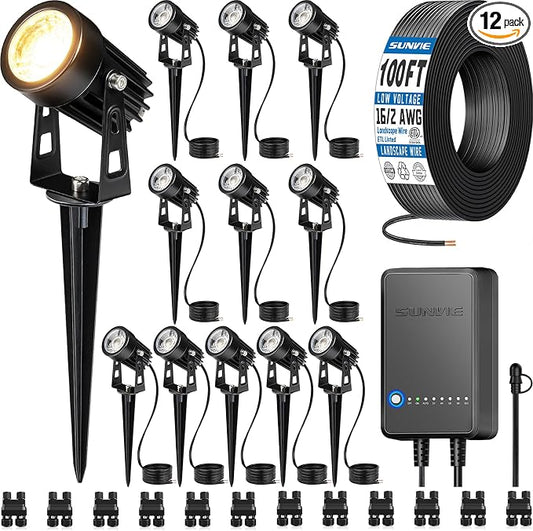 SUNVIE All-in-One LED Low Voltage Landscape Lighting Kit Dusk to Dawn 12PCS | 3000K Landscape Lights with Transformer Connectors 100FT Wire, Waterproof Low Voltage Landscape Lights for Garden Yard House
