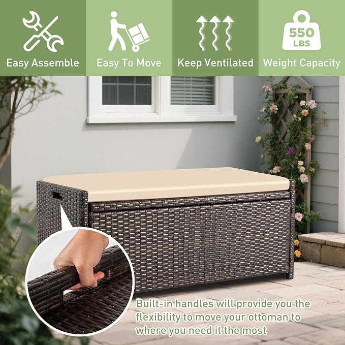 Tappio Deck Box Outdoor Storage Box Bench, PE Rattan Storage Bin with Built-in Handle and Beige Cushion for Pool and Garden Accessories
