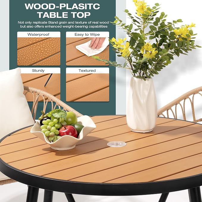 Pamapic 5 Pieces Patio Dining Set,All-Weather PE Rattan Patio Furniture Set with Wood Table Top, Outdoor Table and Chairs with Removable Cushion & Round Dining Table for Lawn Garden Patio, Beige