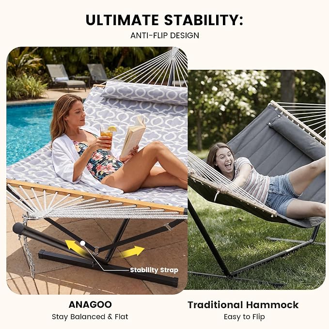 ANAGOO Double Hammock with Stand, Heavy Duty Outdoor Hammock for Two, 500 LBS Capacity, Stable Steel Frame with Balance Strap, Easy Tool-Free Assembly for Patio, Garden, Backyard & Beach,White Grey
