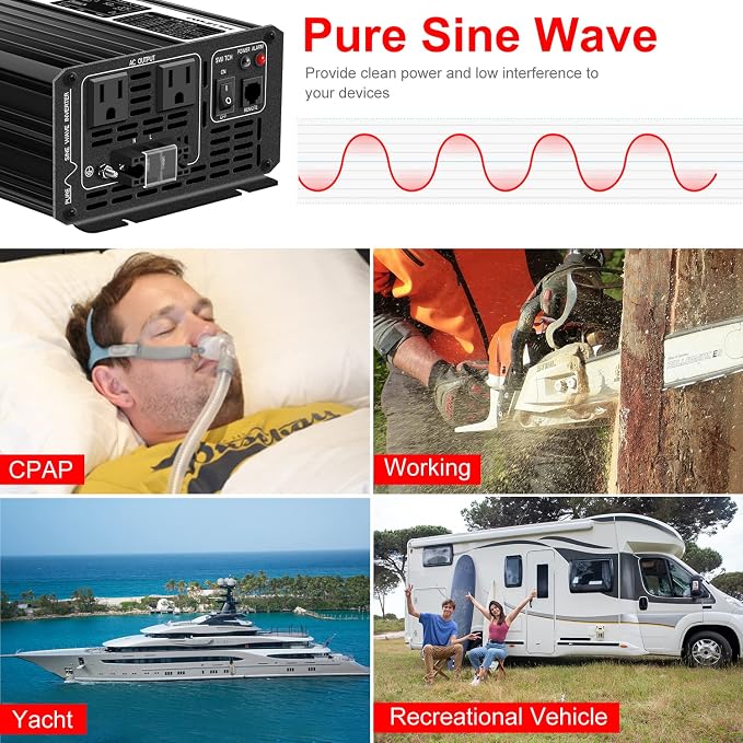 Xijia 1500W Pure Sine Wave Inverter，24V to 120V AC Converter for Home，Solar Systems，Remote and Bluetooth Control for Truck，Camping，with 2 AC Socket，Surge Power 3000W