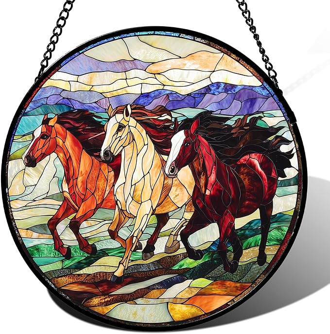 Stained Glass Window Hanging, Galloping Horses Sun Catcher for Door Home Decor Colorful Suncatcher Christmas Mother's Day Birthday Gifts for Women Men Mom and Nana 11.8 in