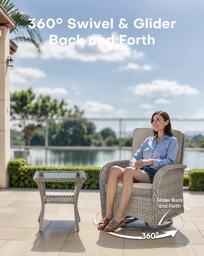 5 Pieces Wicker Patio Furniture Set-Outdoor Swivel Rocker Patio Chairs Patio Sofa Set with Tempered Glass Top Outdoor Coffee Table for Deck Lawn Porch Balcony Poolside-Grey/Grey
