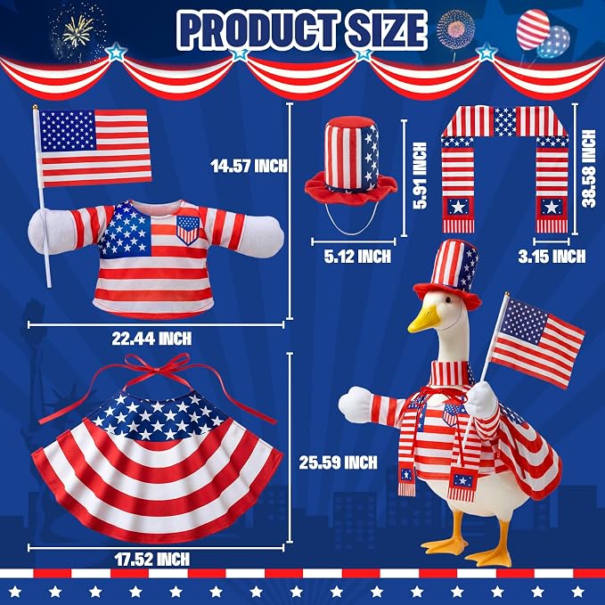 Mastom 4th of July Porch Goose Outfit for 23 Inch Goose Statue, Patriotic Red White Blue Goose Clothes with Flag for Outdoor Garden Patio Decor, USA 250th Anniversary Merchandise