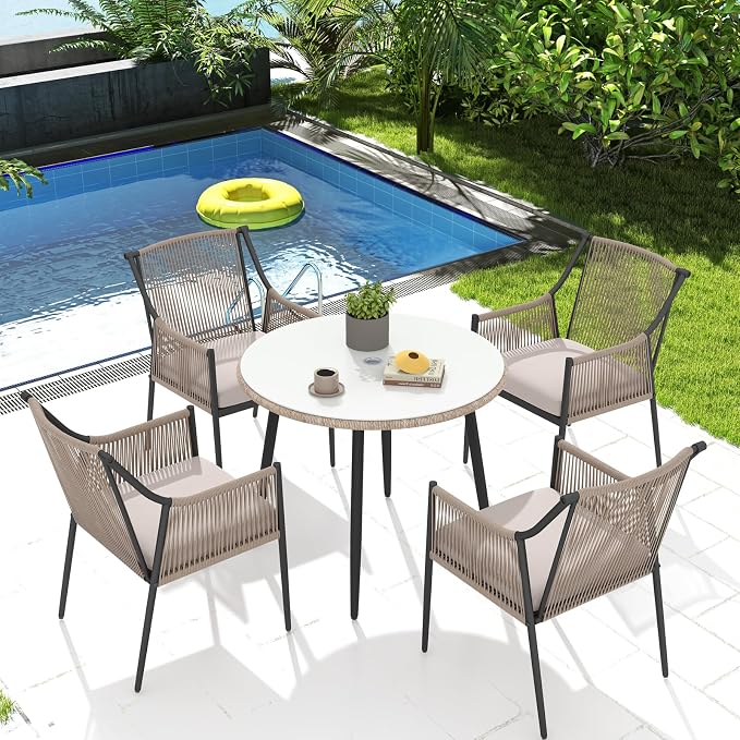 Patiorama 5-Piece Patio Dining Set, Outdoor Dining Table Chair Set, All-Weather Embossed Rattan Wicker Rope Conversation Set w/Umbrella Hole, Patio Furniture Set, 4 Cushioned Chairs&Glass Table(Beige)
