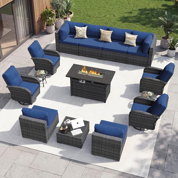 Aoxun 14 Piece Outdoor Patio Furniture Set with 44'' Fire Pit Table, Wicker Rattan Outdoor Furniture with High Back Swivel Rocker Chairs, Outdoor Sofa Set with Thick Cushion & Side Table, Navy Blue