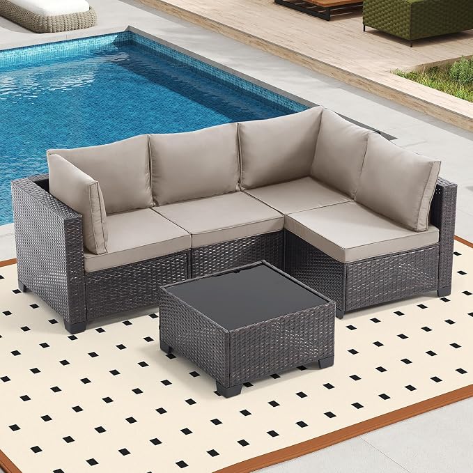 Bonzy Home 5 Pieces Outdoor Patio Furniture Set, PE Rattan Outdoor Sectional Furniture Sofa Set with Removable Cover and Glass Coffee Table, Patio Sofa for Balcony, Porch, Garden, (Brown-Grey)