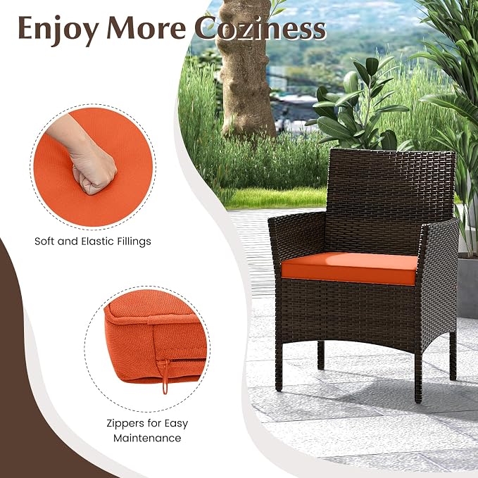4 Piece Patio Furniture Set, Sectional Conversation Sofa Set with Glass Coffee Table, Cushions & Loveseat, Wicker Outdoor Table and Chairs for Pool, Garden, Deck, Backyard (1, Orange)