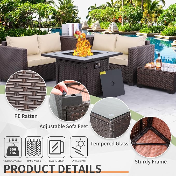 WAROOM Patio Furniture Set 5 Pieces Outdoor Conversation Sets PE Rattan Couch Loveseat Resin Wicker Sectional Sofa with Storage Box Coffee Table and Propane Fire Pit, Khaki Cushion