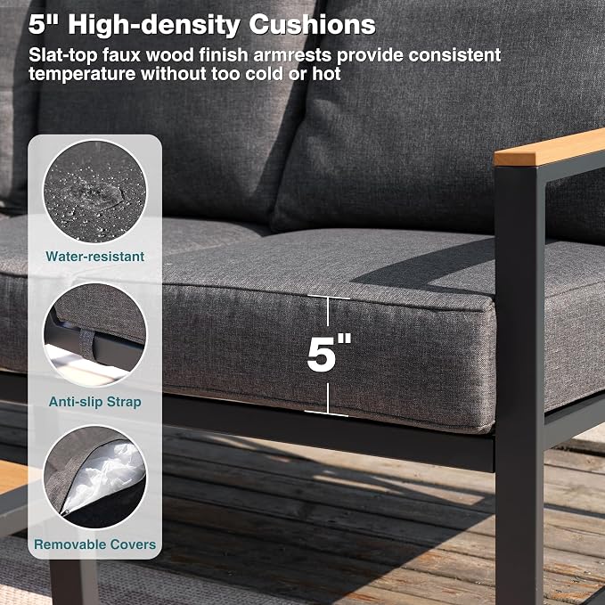 Metal Patio Furniture Set, 6 Pieces Outdoor Sectional Sofa Set with Side Table, L Shape Patio Conversation Set with Faux-Wood Tabletop, Outdoor Couch for Balcony, Porch, Backyard, Grey