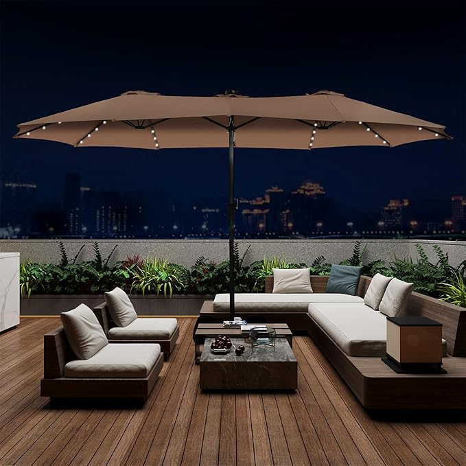 15 ft Patio Umbrella with 48 LED Lights, Large Rectangle Outdoor Solar Umbrella with Matching Base, Strap, Crank, Coffee