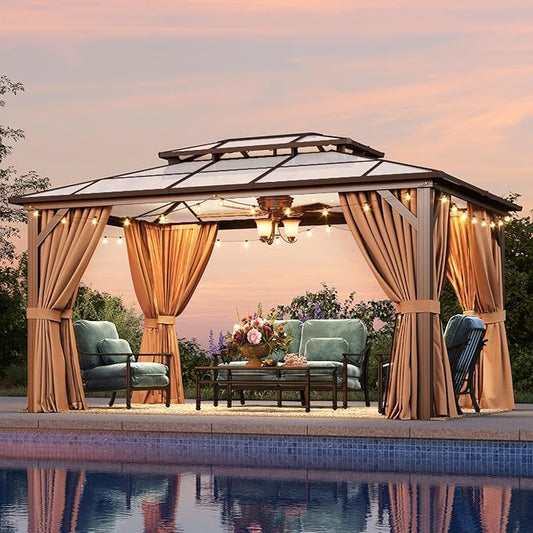Aoxun 10'x14' Hardtop Gazebo, Outdoor Metal Gazebo with Double Polycarbonate Roof Canopy, Permanent Pavilion with Netting and Curtains for Lawn, Garden, Patio (Khaki)
