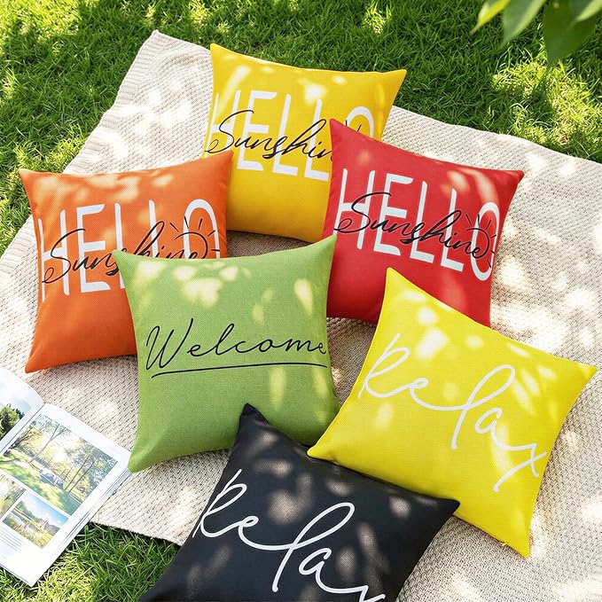 Lewondr Waterproof Outdoor Throw Pillow Cover, 18×18", Red | 2 Pack, Hello Sunshine Printing, Summer Garden Decor, For Patio Sofa, Balcony Couch, Bench Porch