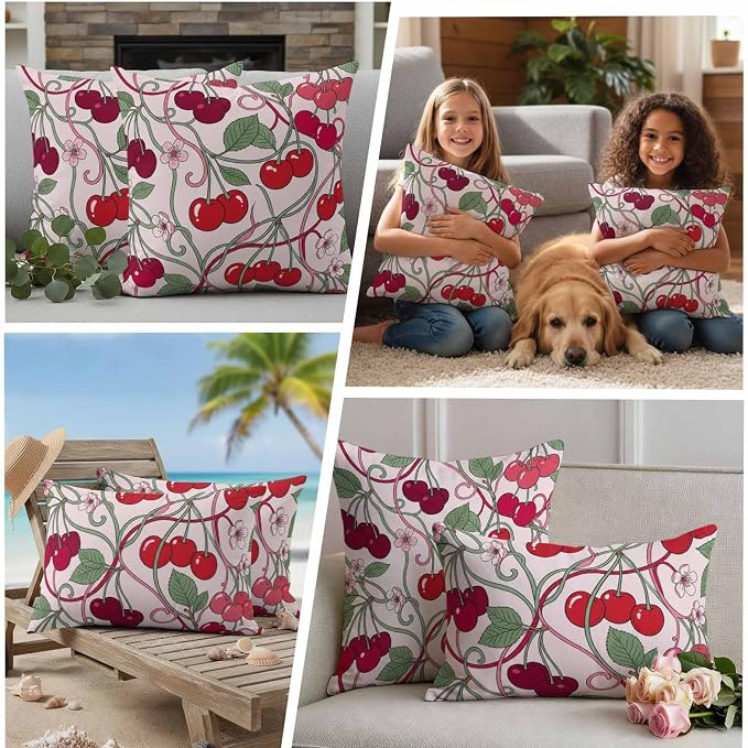 Red Cherry Outdoor Pillow Covers 26"x26" Set of 2, Vintage Red Cherry Pink Floral Vines Pink Waterproof Throw Pillow Covers for Patio Furniture, Decorative Cushion Covers for Porch