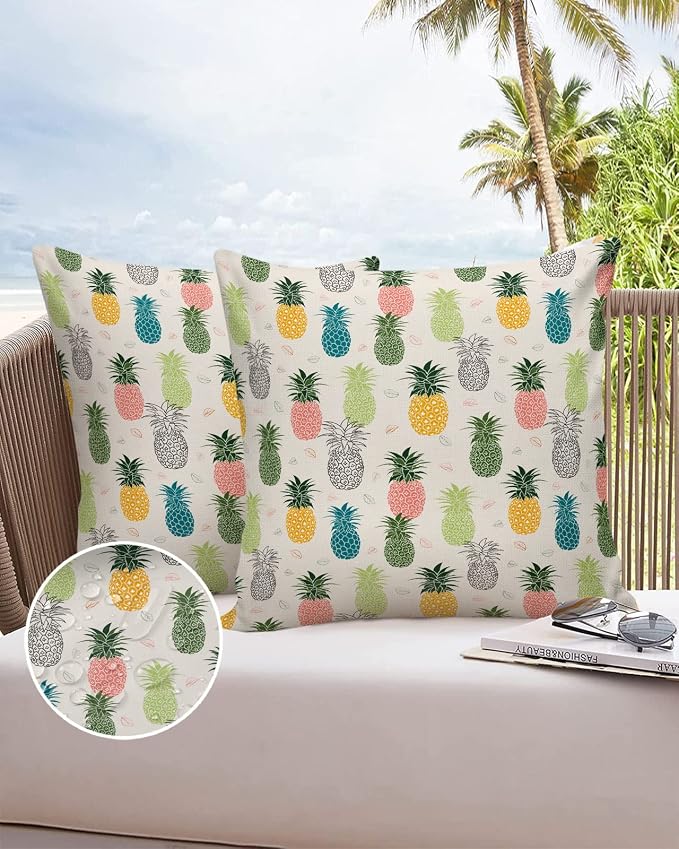 Outdoor Waterproof Pillow Covers for Patio Summer Pineapple Decorative Throw Pillow Cover Watercolor Pineapple Fruit Pillowcases Set of 2 Cushion Case for Sofa Couch Chair Home Decor 24 x 24 Inches