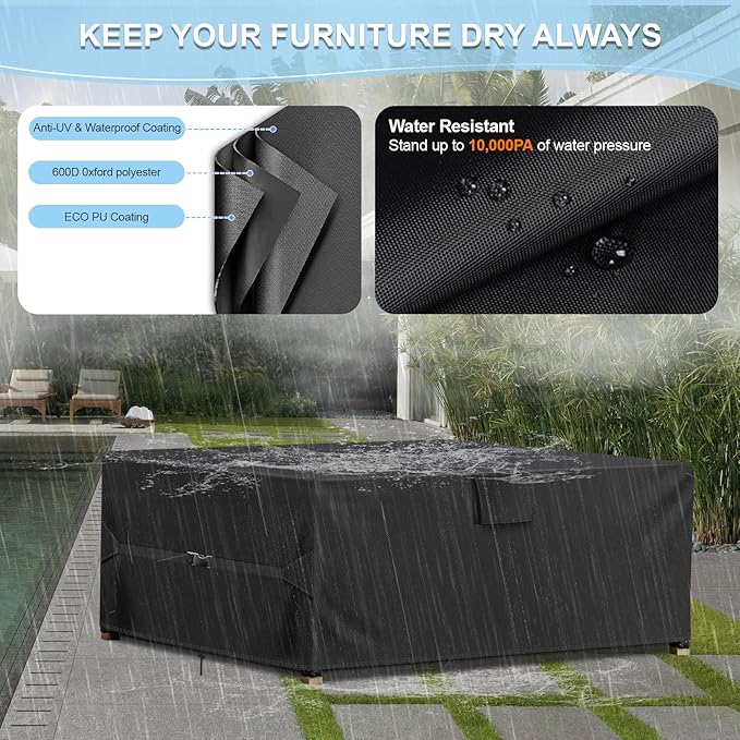Patio Furniture Set Covers Waterproof, 108"L X 82"W X 28"H, 600D Outdoor Table and Chair Cover, Rectangular Heavy Duty Outdoor Furniture Covers, Patio Sectional Sofa Set Cover, Black