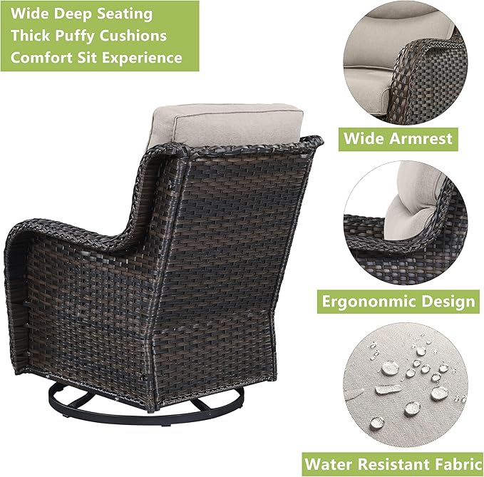Rilyson Wicker Rocking Chair Swivel Chairs - 3 Piece Rocker Patio Furniture Set Rattan Rocking Bistro Sets with Glass Top Side Table for Outdoor Porch Deck Garden Backyard (Brown/Beige/Smile)