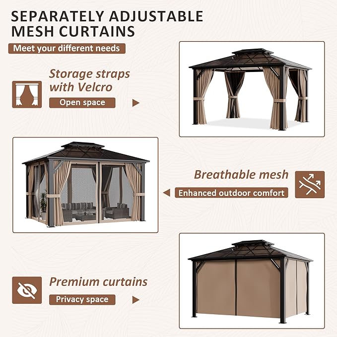 AirWire 10'x12' Hardtop Gazebo, Outdoor Polycarbonate Roof Canopy, Aluminum Frame Permanent Pavilion with Curtains and Netting, Sunshade for Garden, Patio, Lawns