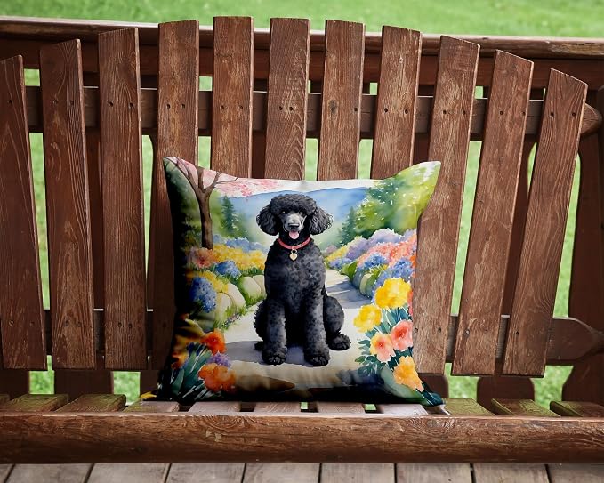 Caroline's Treasures Black Poodle Spring Path Throw Pillow Machine Washable, Indoor Outdoor Decorative Pillow for Couch, Bed or Patio, 14Hx14W