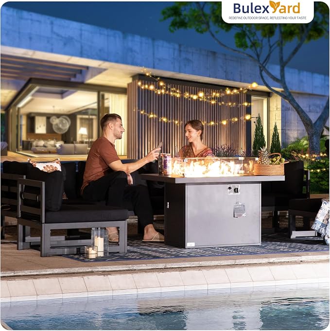 BULEXYARD 7 Piece Luxury Aluminum Outdoor Sectional Sofa with Fire Pit Table, Oversized L Shaped Patio Furniture Set, 29 inch Deep Wide Seating, 500 lbs Heavy Duty Conversation Set for Backyard, Black