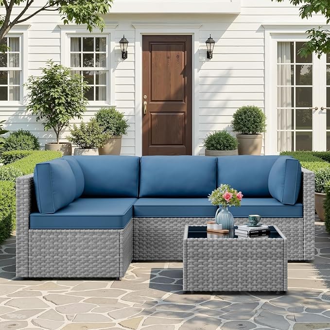 5 Piece Wicker Outdoor Conversation Set Blue Sectional Sofa with Thick Cushions Outdoor Patio Furniture Sets for Backyard Poolside Garden